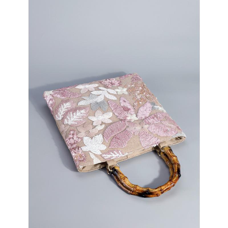 Women's Retro Tote Bag Vintage Pink Embroidery Sequin Bamboo Handle Handbag Elegant Fashion Bag Daily Commute Shopping Travel Bag