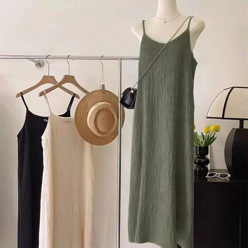 Women's Summer Black Slimming Drape Retro Long Camisole Dress - Solid Color Sexy Pajamas, Wearable Outdoors
