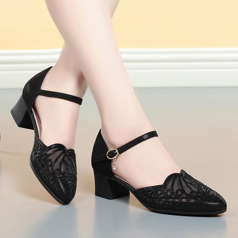 Summer Women One-word Buckle Sandals Flat Mid Heel Chunky Heel  PU Leather Shoes Hollow Mesh Soft Bottom Mom Single Shoes