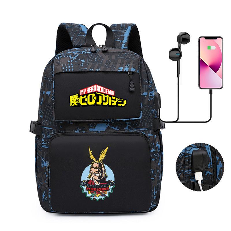 Riman My Hero Academy Cartoon Pattern Backpack, Large Capacity Student School Bag Usb Computer Bag