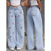 Jeans a Vita Alta Gamba Larga da Donna Vestibilità Larga Gamba Dritta Pantaloni in Denim Ricamo Ciliegia Streetwear Vintage Pantaloni Casual