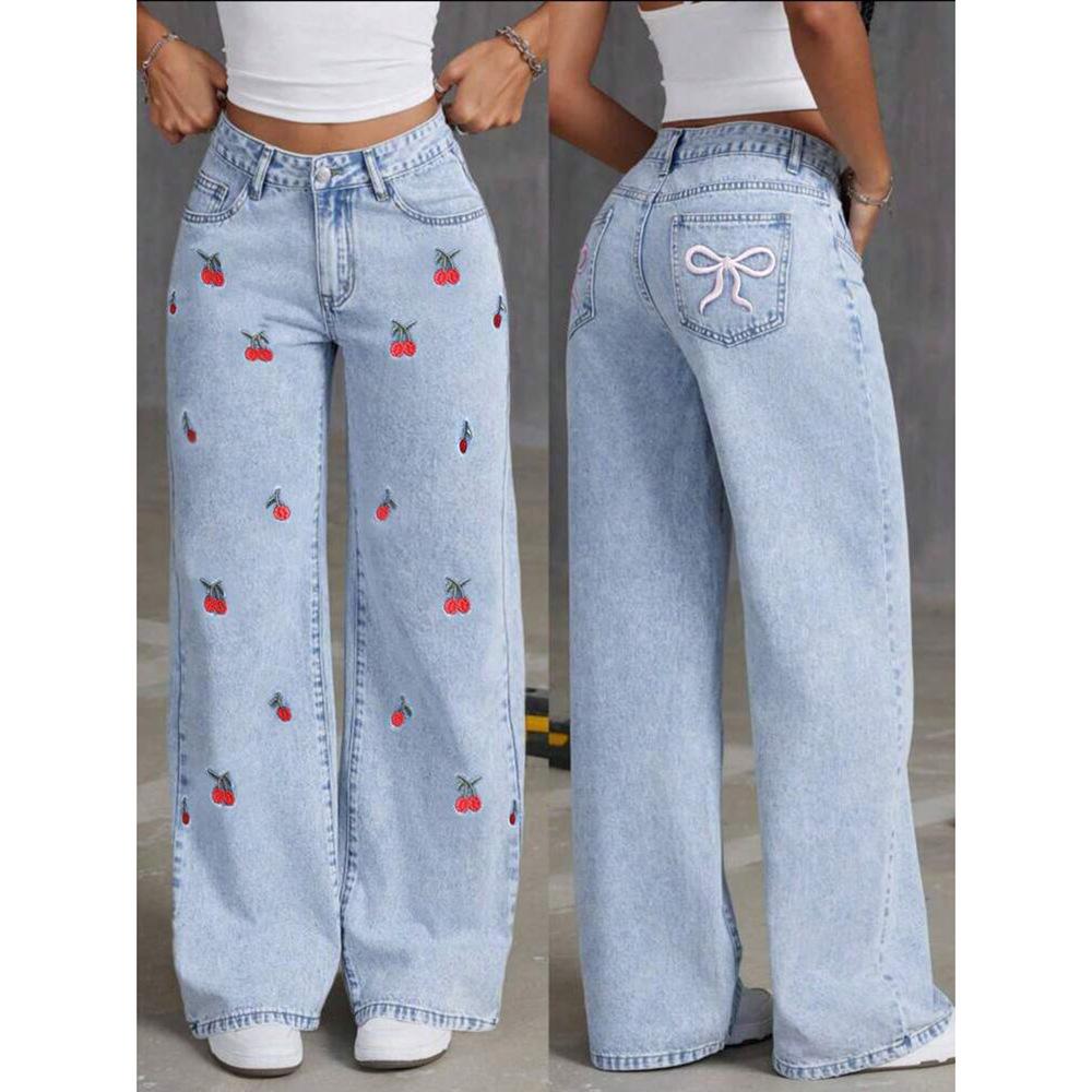 Jeans a Vita Alta Gamba Larga da Donna Vestibilità Larga Gamba Dritta Pantaloni in Denim Ricamo Ciliegia Streetwear Vintage Pantaloni Casual