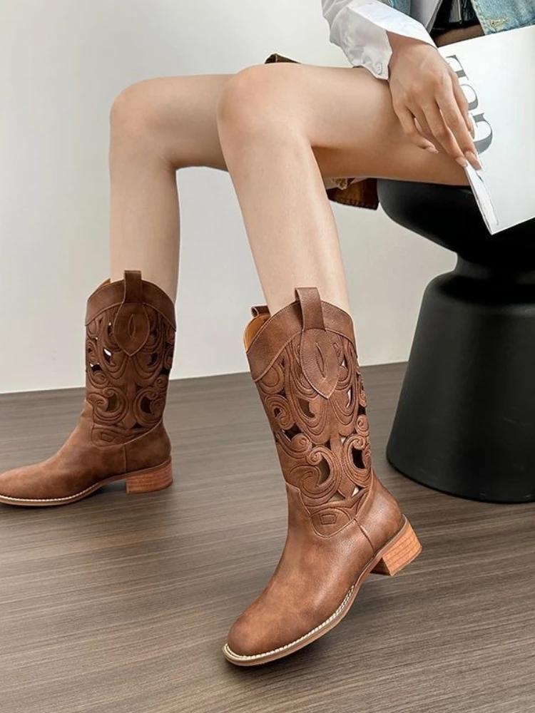 Fashion Summer Square Toe Women's Half High Boots Chic and Elegant Trend 2025 Pu New in Gothic Novelty Hot Ladies Mid Calf Shoes Sale