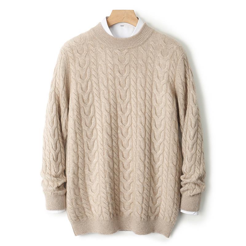 Men's Thickened Pure Wool Half-High Collar Cable Knit Sweater - Autumn Winter Loose Business Casual Base Layer