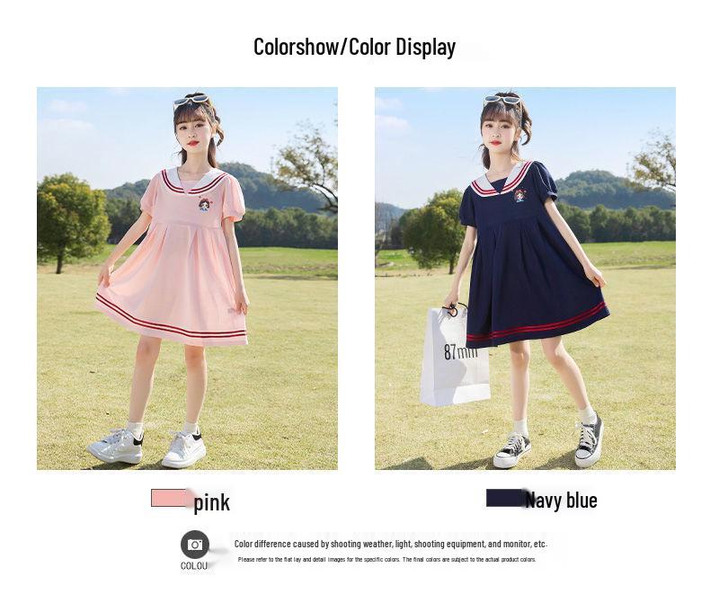 Navy Collar Girls' Summer Dress - Stylish Loose-fit Princess Dress for Medium & Large Children
