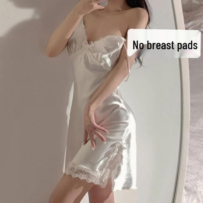 New Ice Silk Lace Pajamas with Chest Pad - Sexy French Camisole Nightdress