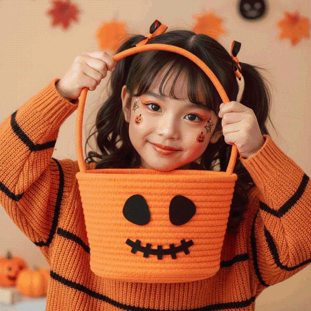 Braided Pumpkin Candy Bucket Orange Woven Storage Pouch Halloween Rope Basket Guests