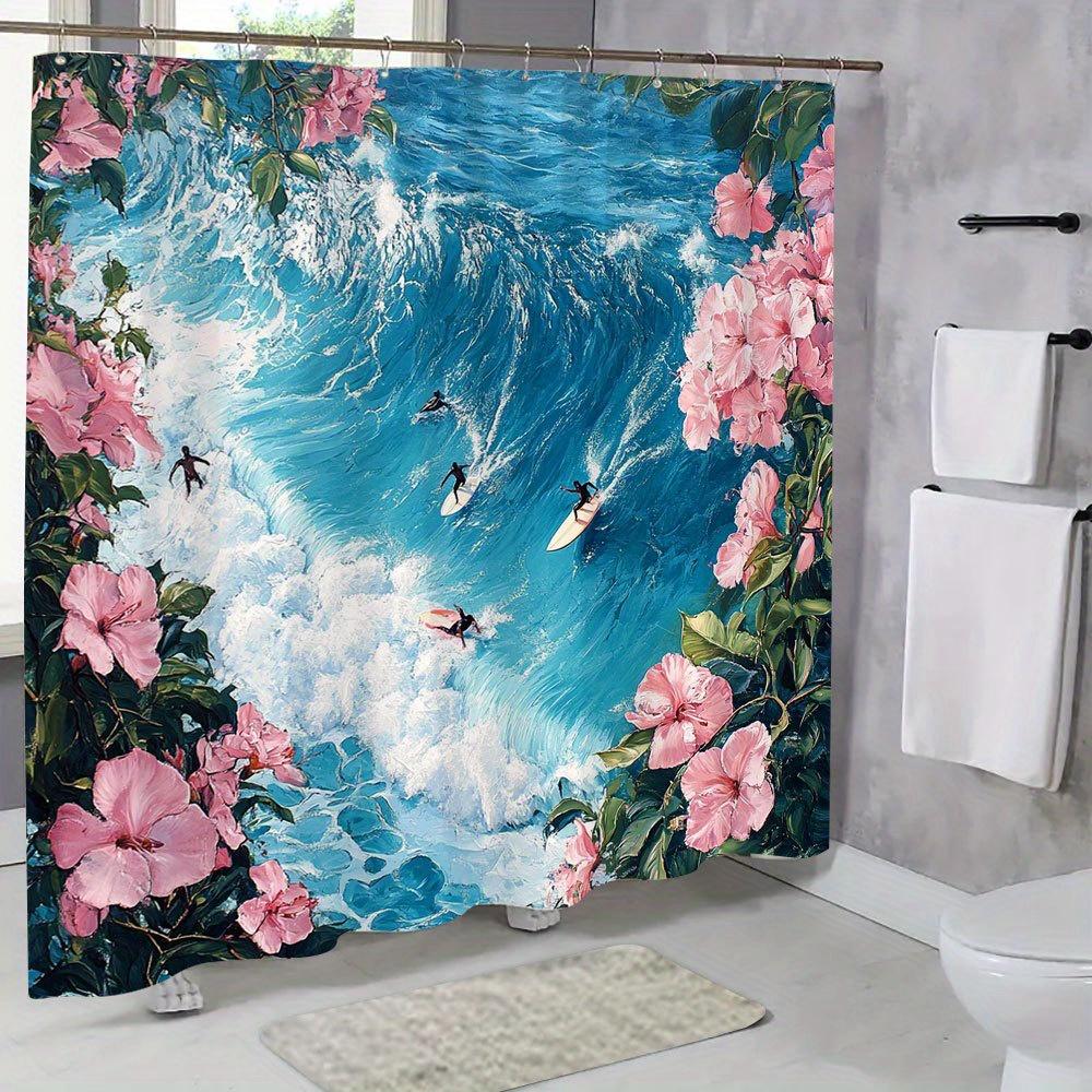 1pc Ocean Wave Surf Shower Curtain Floral and Marine Scene Pattern Bathroom Decor Polyester Fabric with 12 Hooks