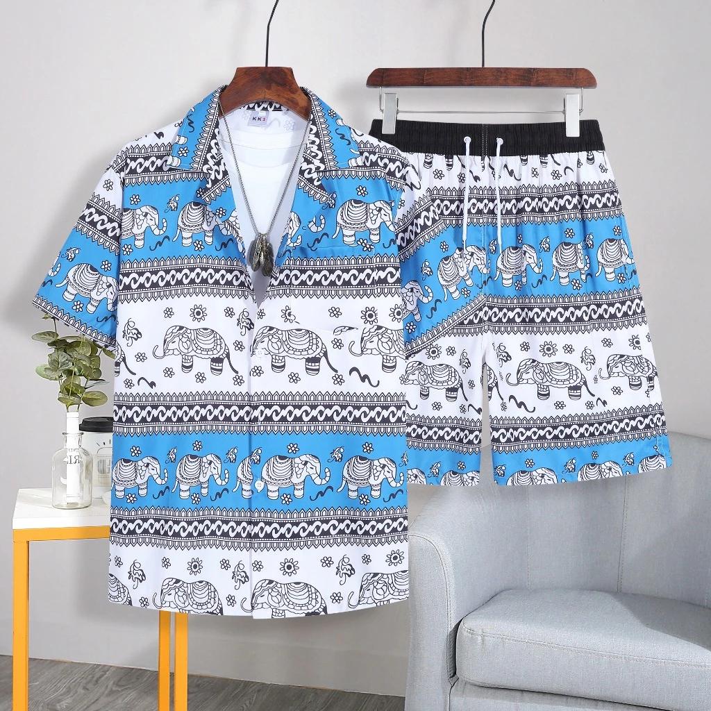 Elephant Pants Shorts Shirt Set V-neck Adjustable Elastic Waist Strap Women Men Unisex Print Thailand Casual Beach Summer Bohemian Retro Vintage