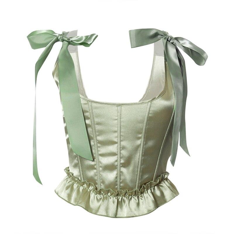 Vintage Ribbon Spaghetti Strap Bustiers Sleeveless Back Criss Cross Corset Crop Tops Women's Tank Tops Solid Color