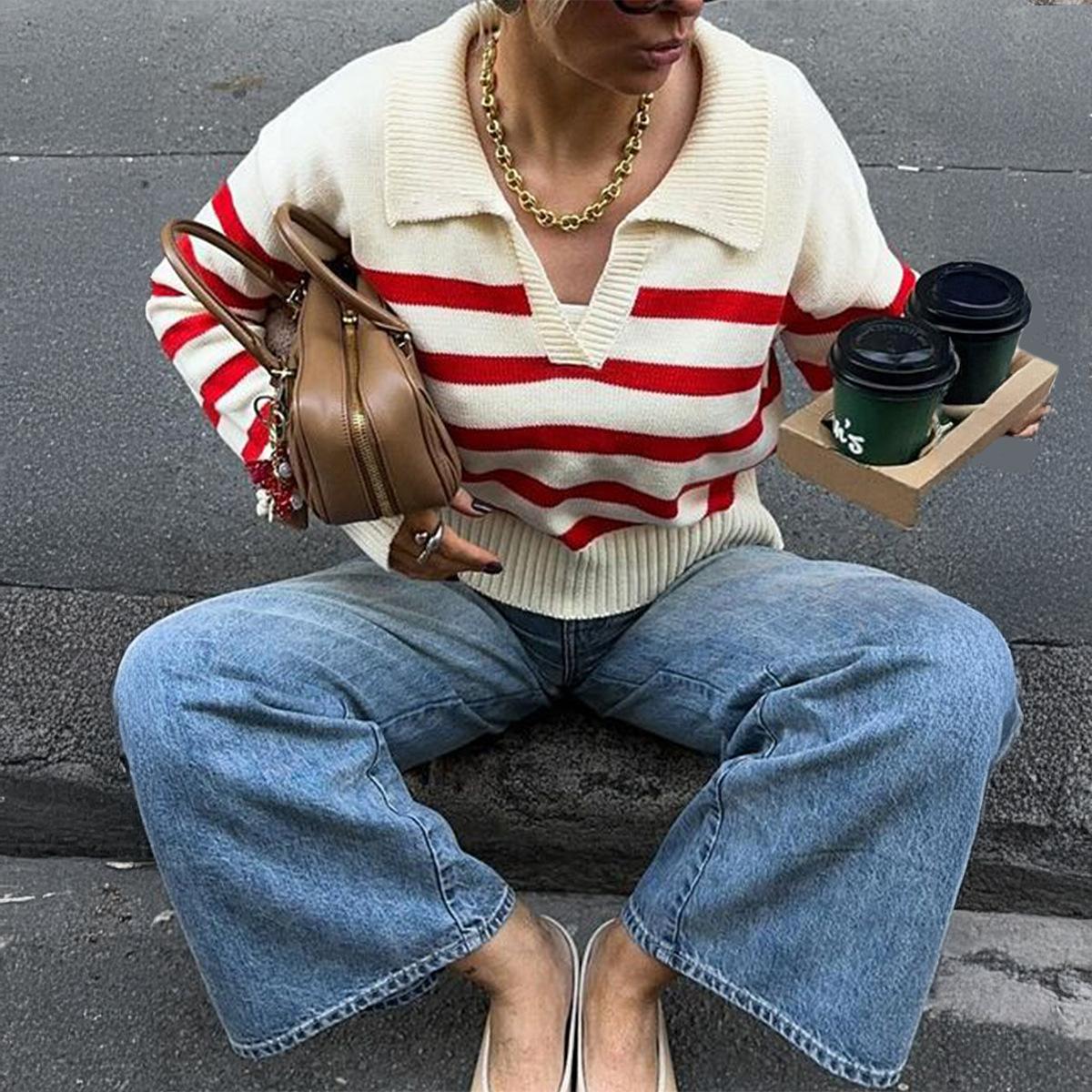 Повседневный шерстяной свитер-футболка в полоску с длинным рукавом для женщин Осень-Зима 2025 S красный 2990₽