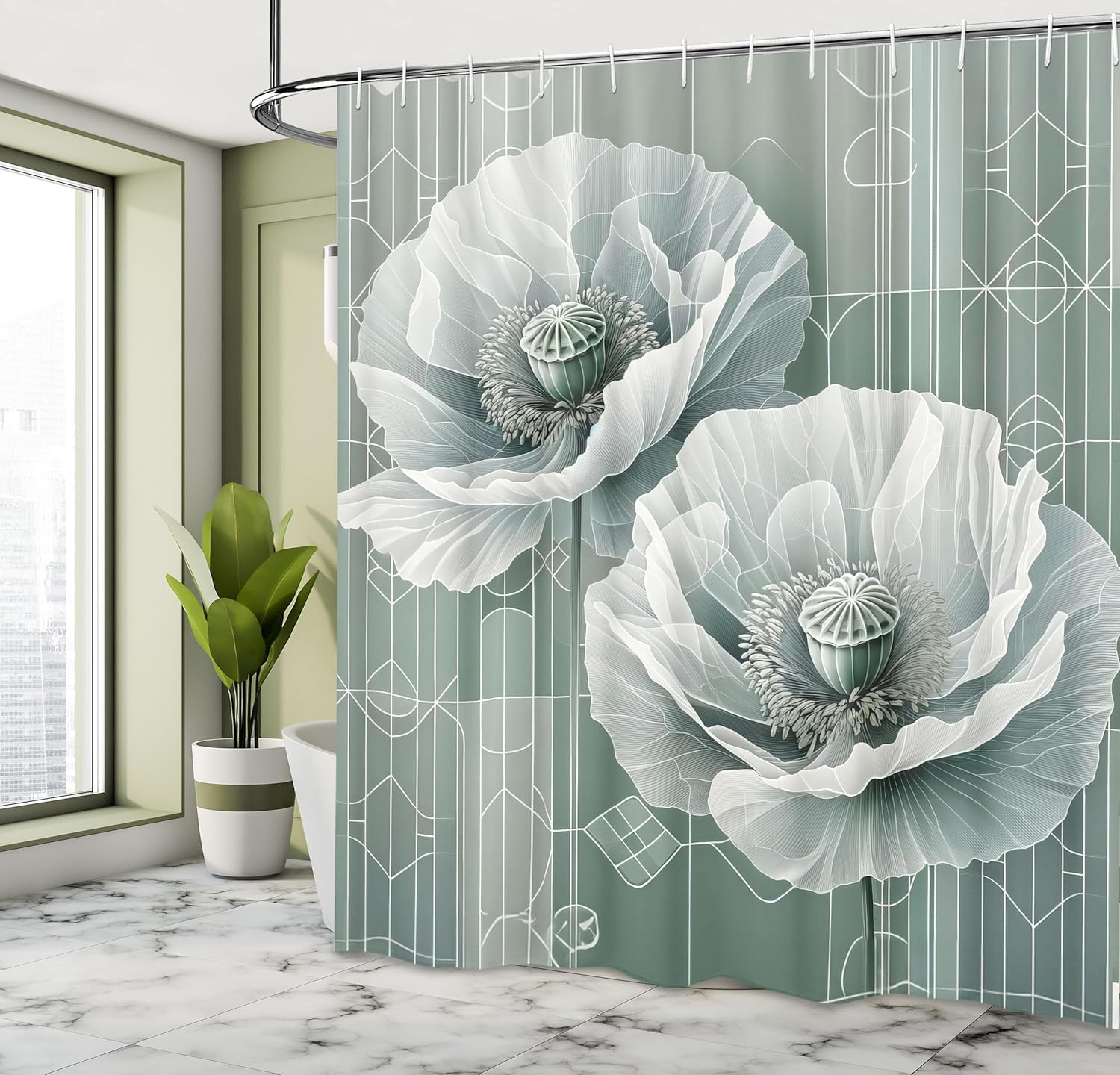 

Green Shower Curtain, Futuristic Design Of Poppy Flowers With Dreamy Petals And Scandi Lines, Cloth Fabric Bathroom De W60H190(CM)-1 Pcs