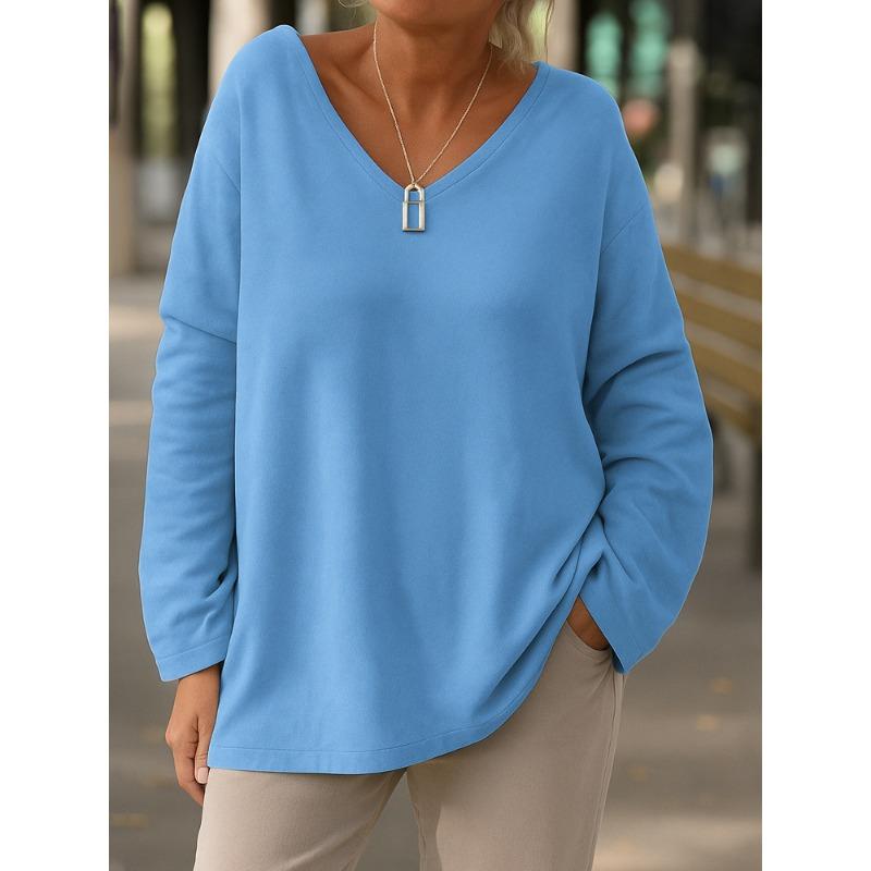 QICED Women's Fashion Casual Solid Color Print Long Sleeve V Neck Blouses & Shirts