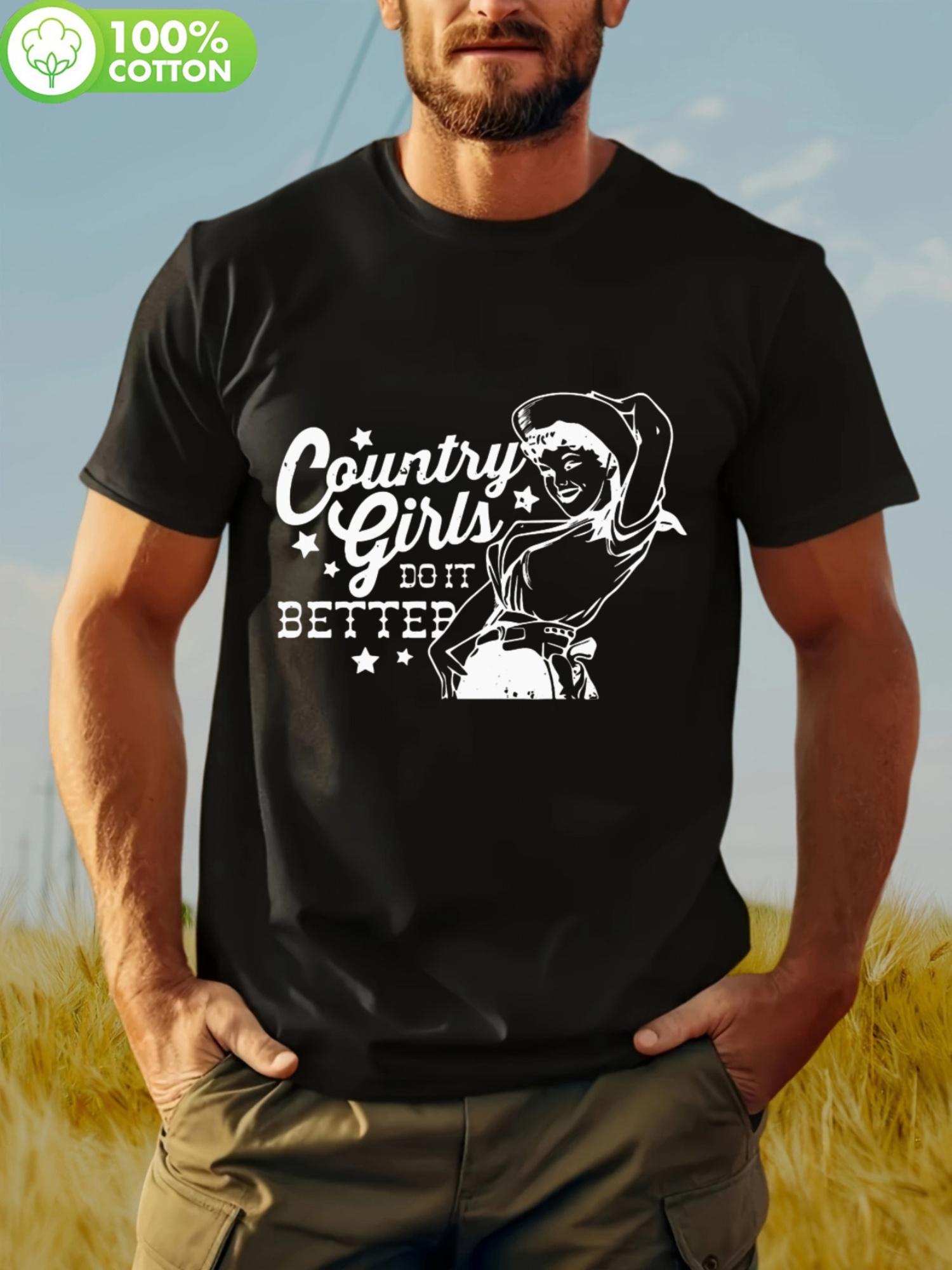 

100% Cotton Short Sleeve T-shirt with Country Girls Graphic Print - Black Casual Round Neck Summer Tee M