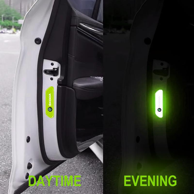 4PCS Car Door Safety Warning Reflective Mark Sticker Emblem For Skoda Octavia Superb Rapid Kodiaq Karoq Fabia Kamiq Roomster Citigo