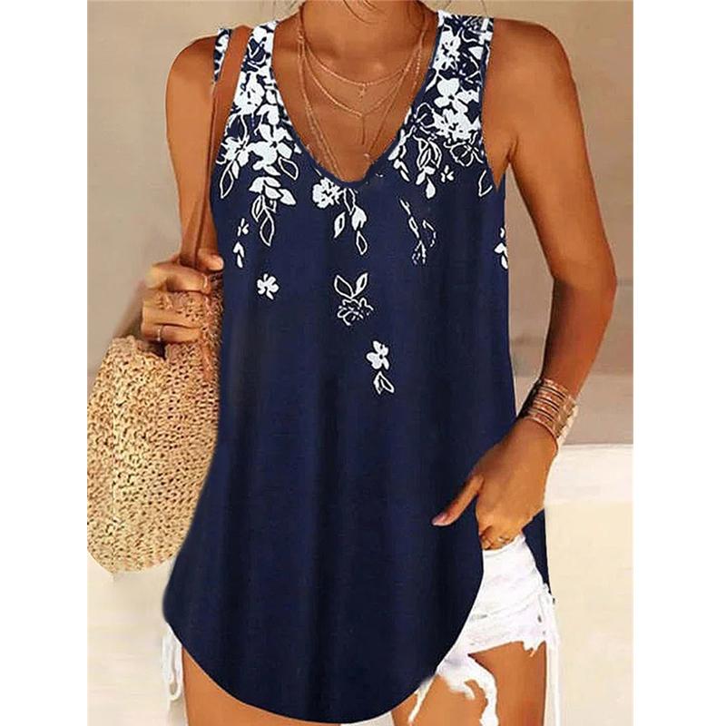 Tops de verano para mujer, blusas sin mangas con estampado, camisolas elegantes con cuello en V informales para mujer, chaleco bohemio con hombros descubiertos, ropa de playa, camisetas sin mangas florales con flores