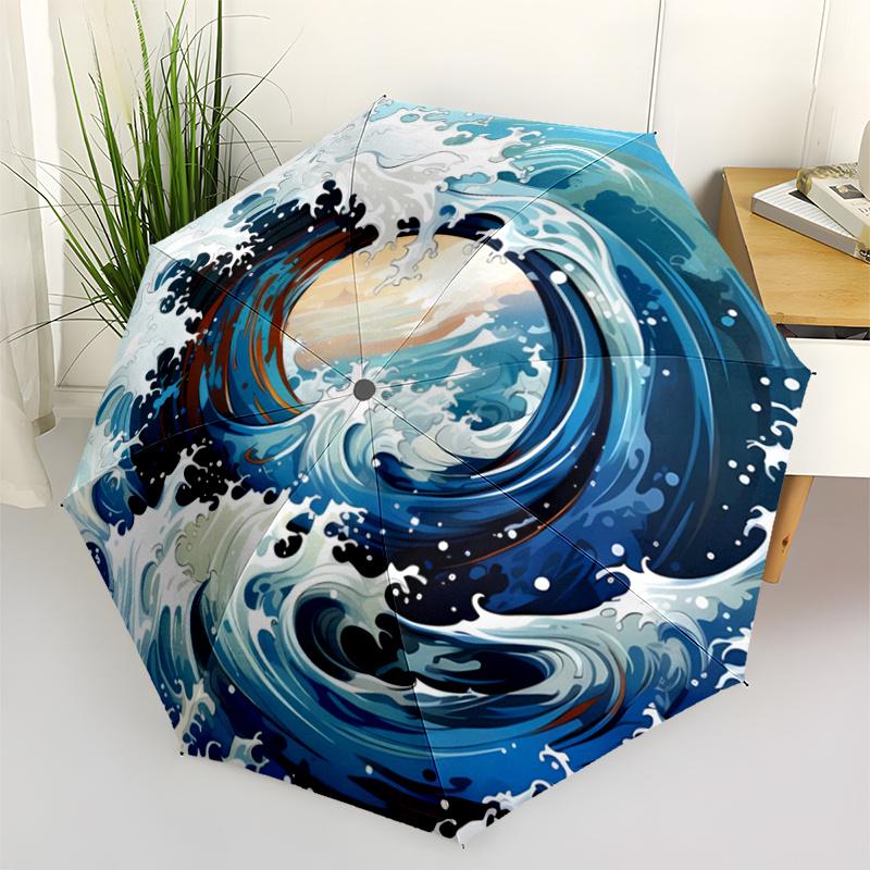 Ocean Wave design Perfect for Outdoor Activities Compact and Durable Automatic Folding Umbrella - Ideal Gift for Friends, Suit