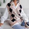 Women Spring Fall Knitted Vest Sweater Jumper Pullovers Top V-neck Sleeveless Diamond Patchwork Stitching S-L