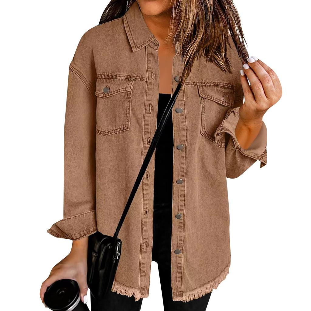 Damesmode Denim Shirtjack Gefreesde Zoom Knoop Casual Lange Mouw Jas