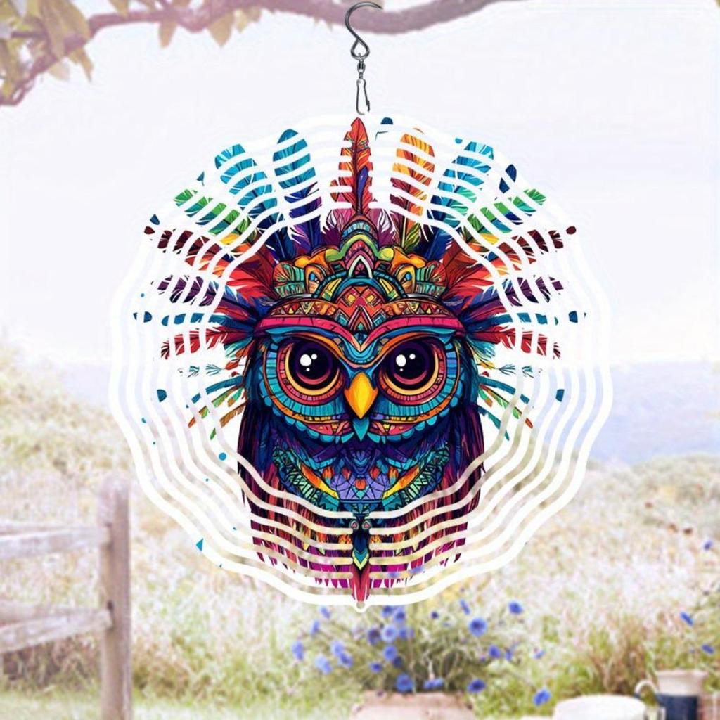 1pc 3D Metal Owl Wind Spinner Mandala Design Outdoor Garden Decor Hanging Ornament No Battery Needed for Patio Yard Home
