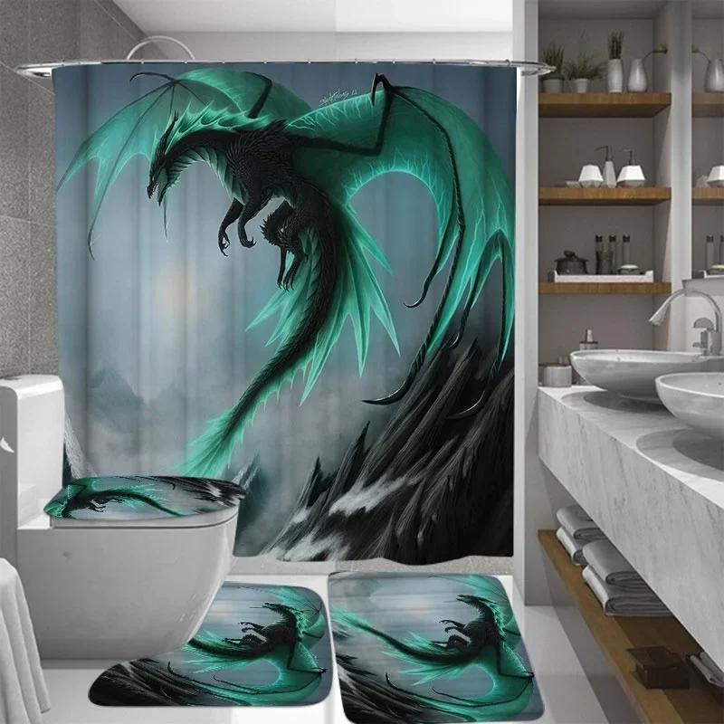 Flying Dragon Printed Waterproof Shower Curtain Set Toilet Cover Mat Non-Slip Bath Rugs Bathroom