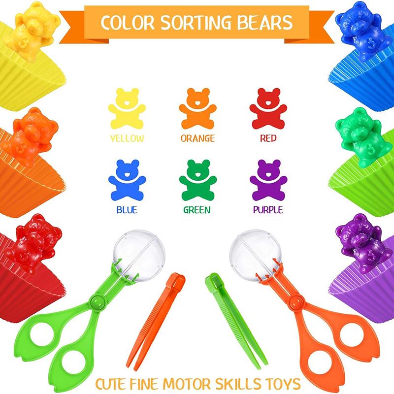 Colorful Counting Bears With Sorting Cups Tweezers Toddler Counting Color Sorting Educational Toy Gift For Kids Boys Girls
