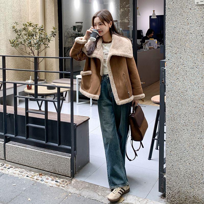 New imitation wool short fur coat winter thickened small locomotive wind fur integrated jacket women