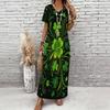 Women Plus Size V Neck Short Sleeve Clover Printed Dark Green Long Straight Dress