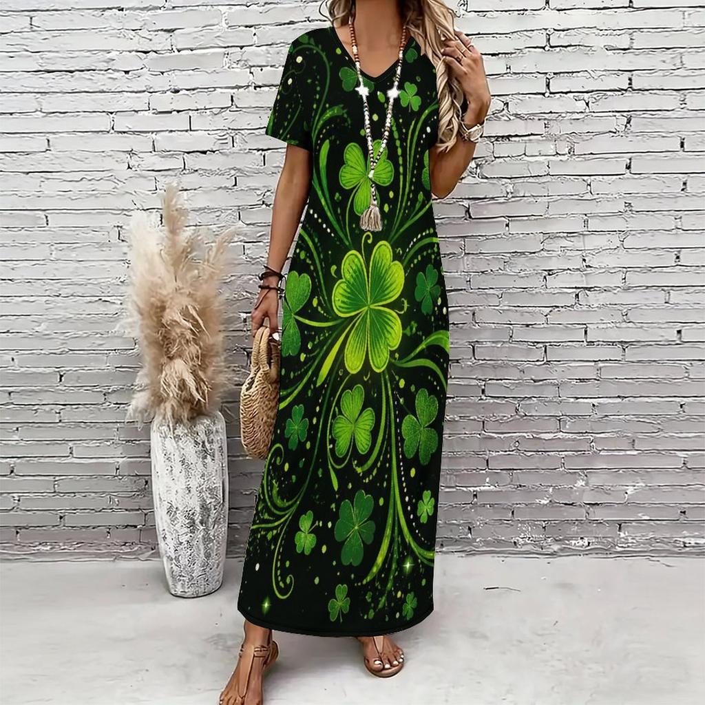 Women Plus Size V Neck Short Sleeve Clover Printed Dark Green Long Straight Dress