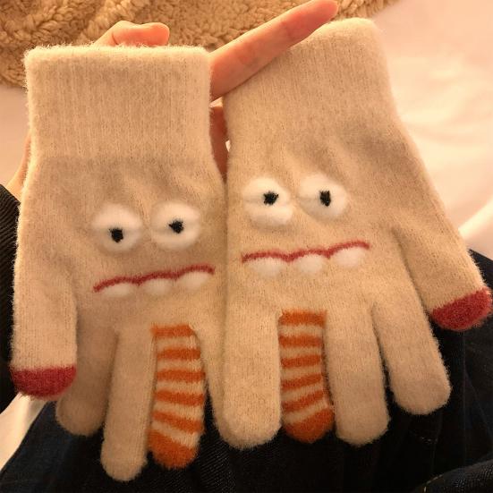 1 Pair Knitted Gloves Flexible Five-finger Thickened Winter Gloves Touch Screen Cute Big Mouth Warm Gloves Student Gloves for Cold Weather
