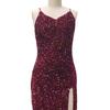 Women Evening Dress Shiny Sequin Deep V Neck Backless Sleeveless Adjustable Spaghetti Strap High Split