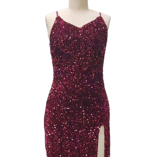 Women Evening Dress Shiny Sequin Deep V Neck Backless Sleeveless Adjustable Spaghetti Strap High Split