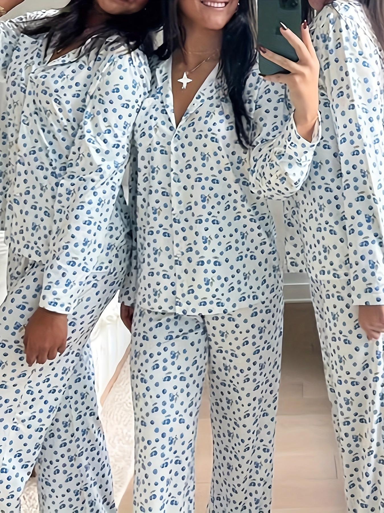 

2024 Cherry Print Women s Cardigan: European & American Autumn/Winter Lapel Single-Breasted Long Sleeve Homewear Set Large