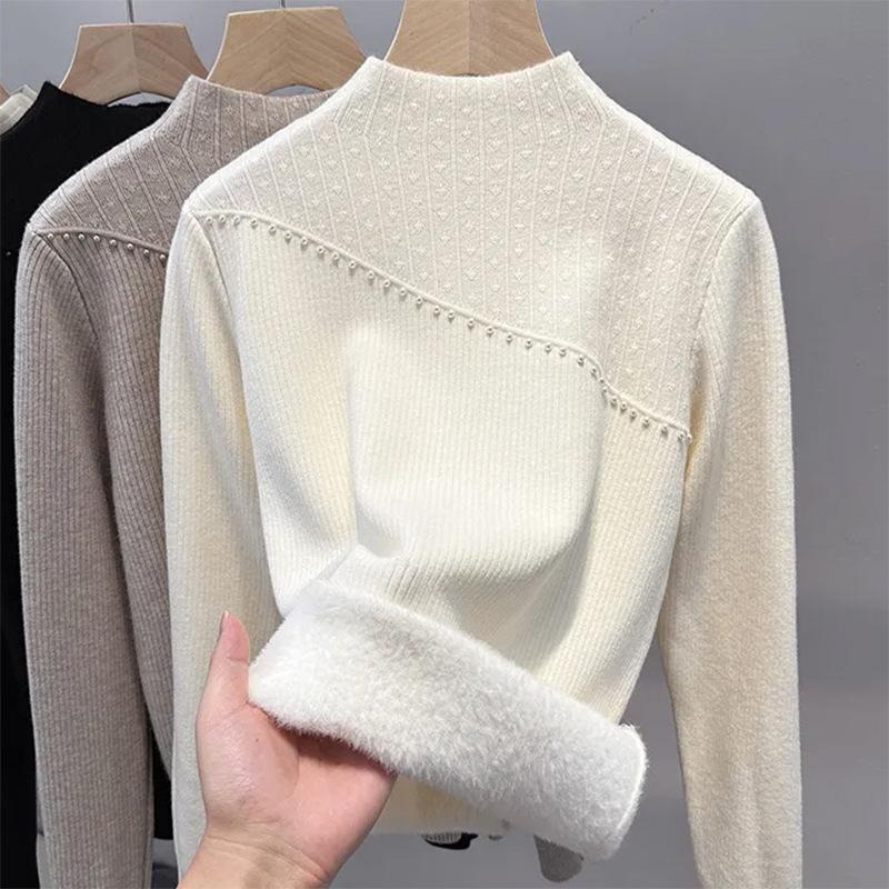 

Женский осенне-зимний утолщенный трикотажный свитер с полуворотом, цельная флисовая блузка, теплый топ с добавлением флиса M белый