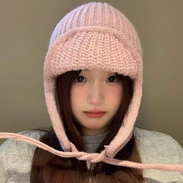 Korean-Style Photogenic Pink Knitted Wool Hat: Women's Warm, Ear-Protecting, Versatile Ski Hat for Autumn/Winter