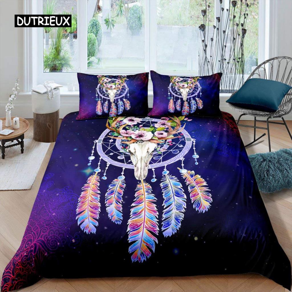 Purple Dream Catcher Duvet Cover Set Bohemian Feather Dream Catcher Bedding Set Microfiber Exotic Ethnic Style King Quilt Cover