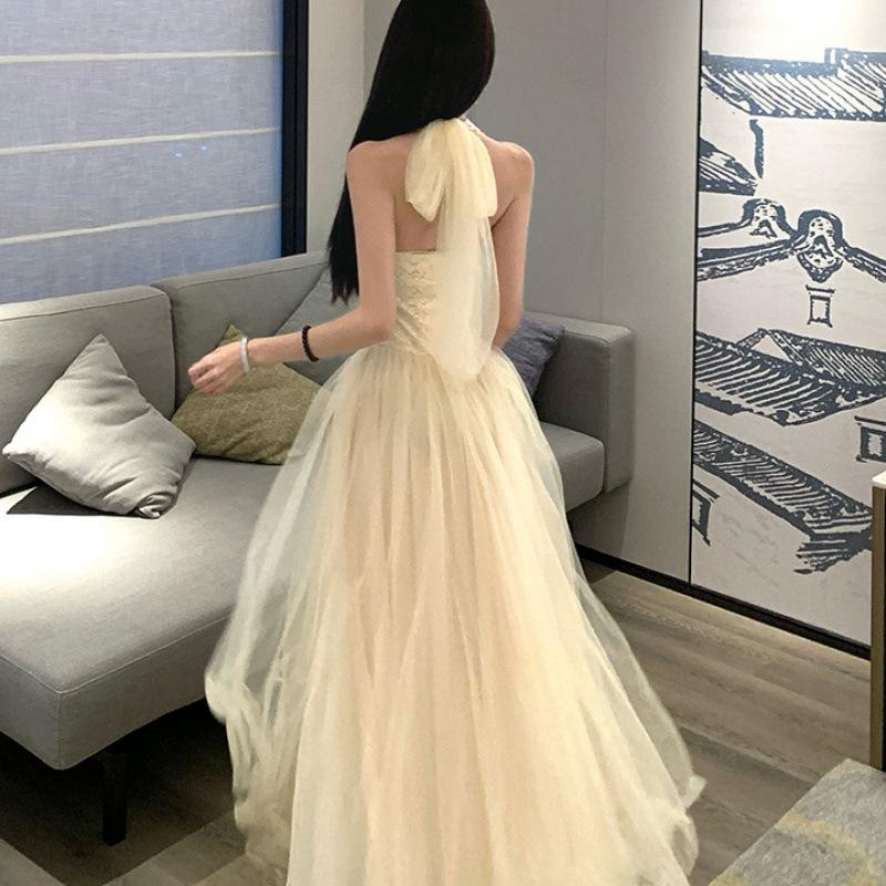 French Temperament Mesh Tube Top Neck Dress Women's Summer Seaside Vacation Style Waist Birthday Dress Long Dress