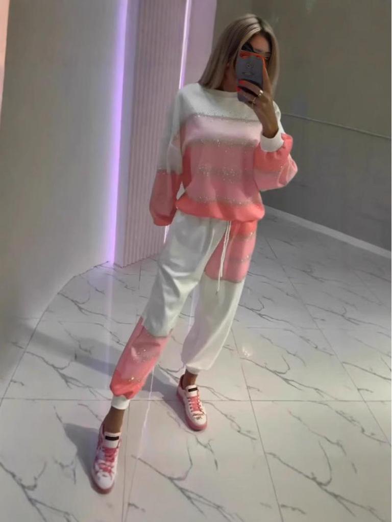 European & American Women's Casual Sprinkle Stripe Top & Drawstring Pants Set - 2025 Collection