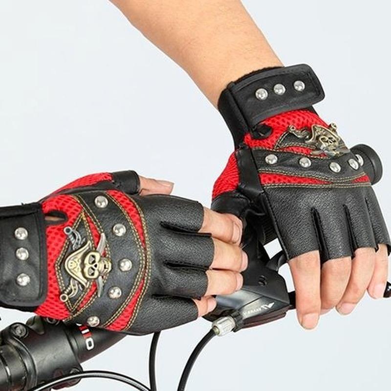 PU Leather Skull Punk Black Driving Motorcycle Biker Fingerless Tactical Gloves Mens Womens Gloves