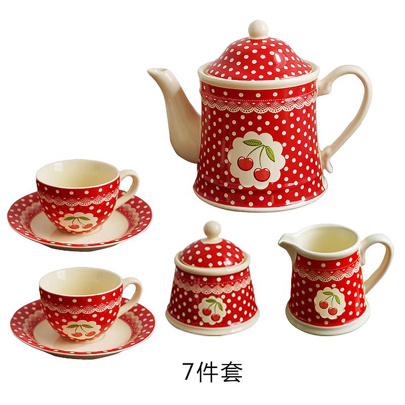 Ceramic England Polka Dot Cherry Printing Teaware Set Afternoon Tea Set Service Coffee Set Coffee Tea Cup Pot Jar
