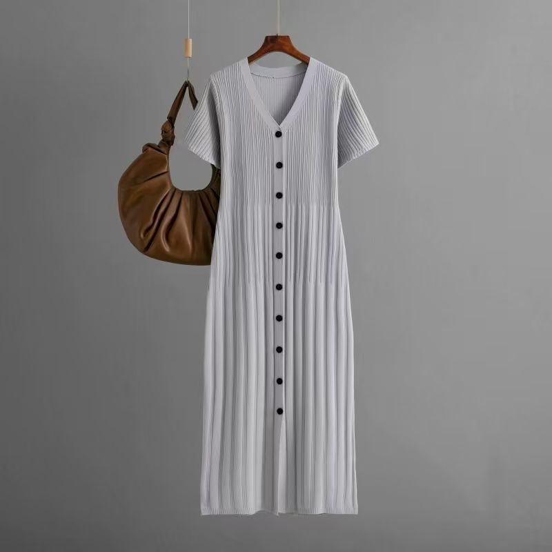 

European and American Knitted V-neck Single-Breasted Dress Knited V-neck Single Brewed Dress Gray One size