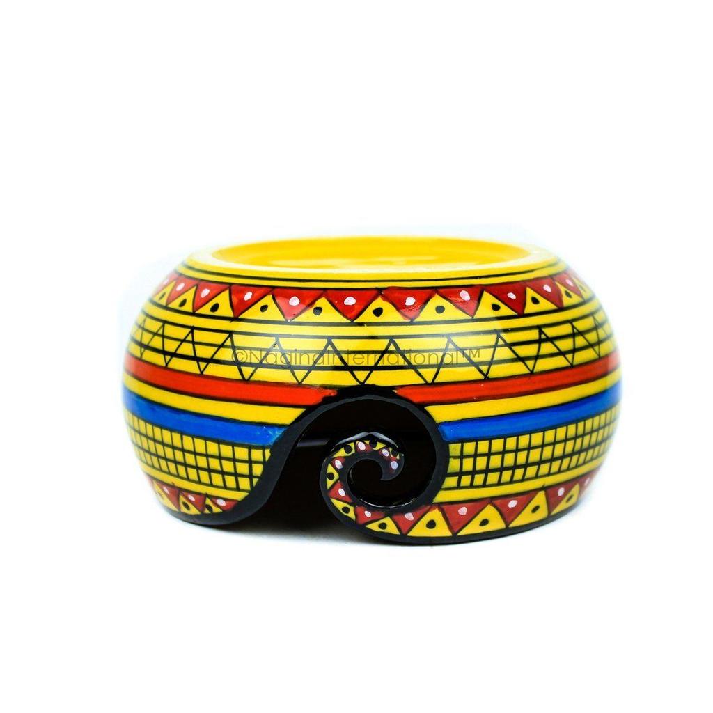 Ceramic Attractively Hand Painted Gorgeous Stoneware Yarn Ball Storage Bowl with Innovative Dispensing Curl  (African Yellow, Medium)