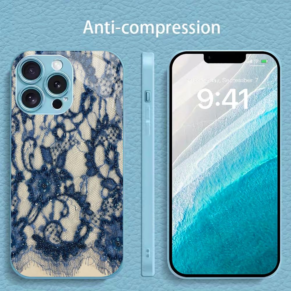 Elegant Blue Lace Print phone case for iphone 17 case for iphone 17 pro max cover Glass for iPhone 17 16 15 14 13 12pm Pro Plus