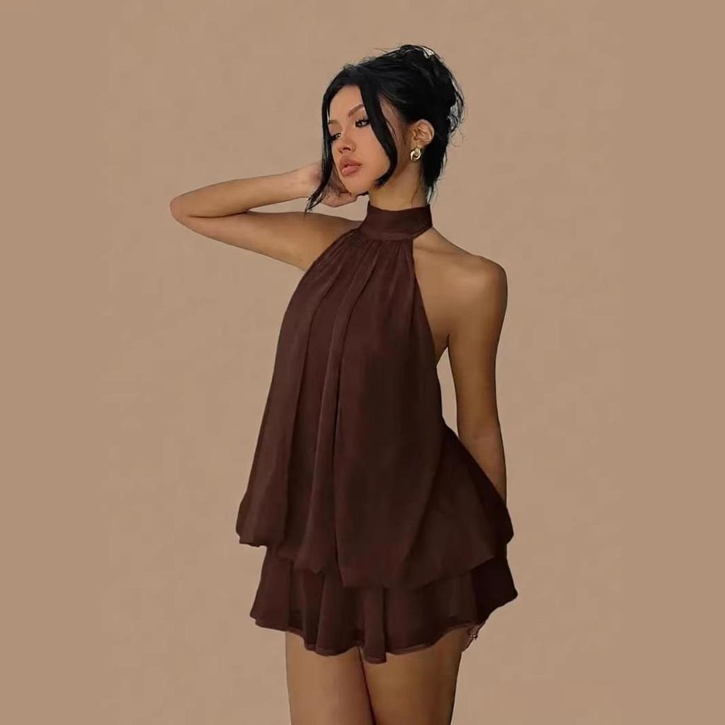 Cross-Border Women's Sexy Backless Halter Top & Fluffy Short Skirt Dress