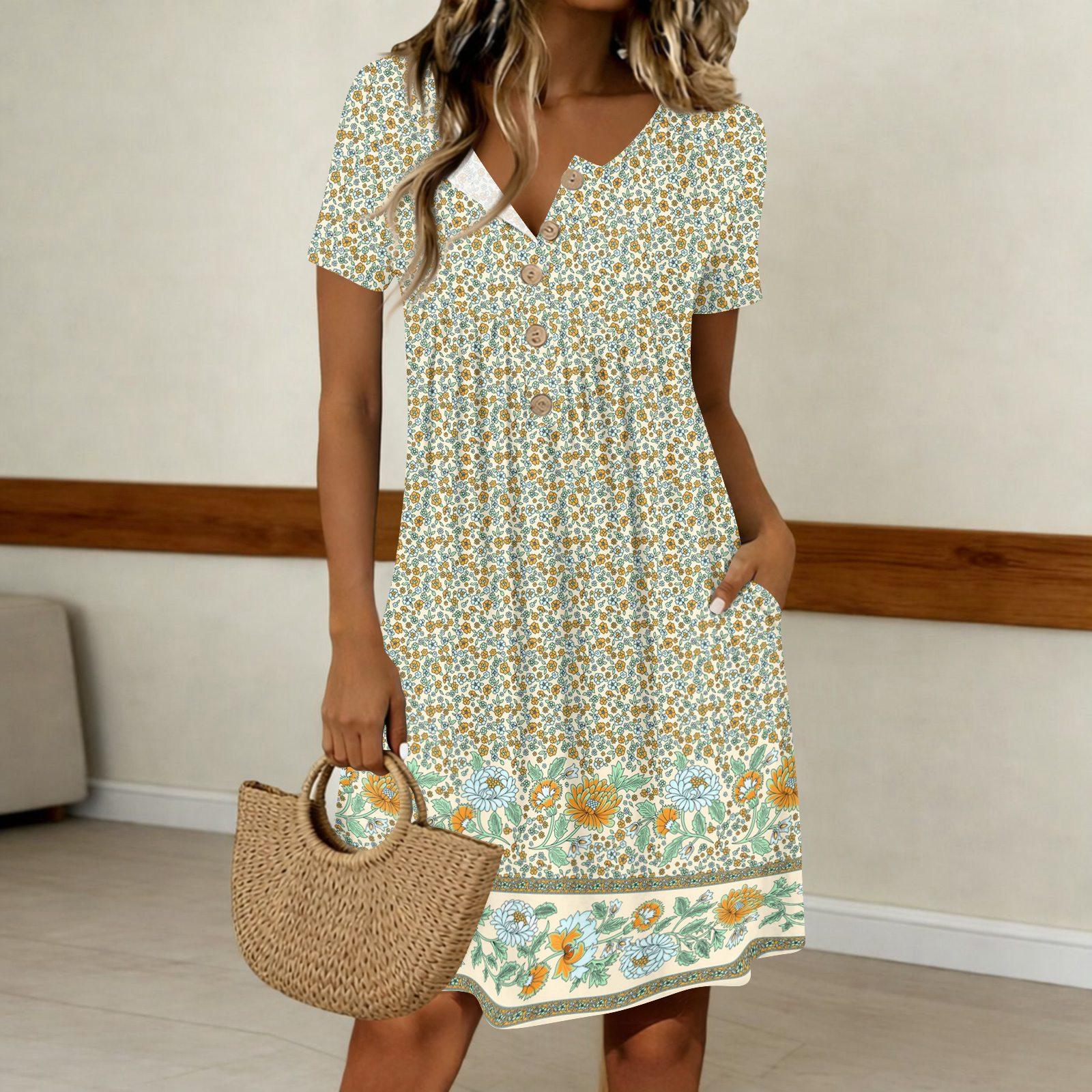 

Жіноча Модна Ретро Принт Круглий Виріз Короткий Рукав На Гудзиках Повсякденна Сукня S жовтий