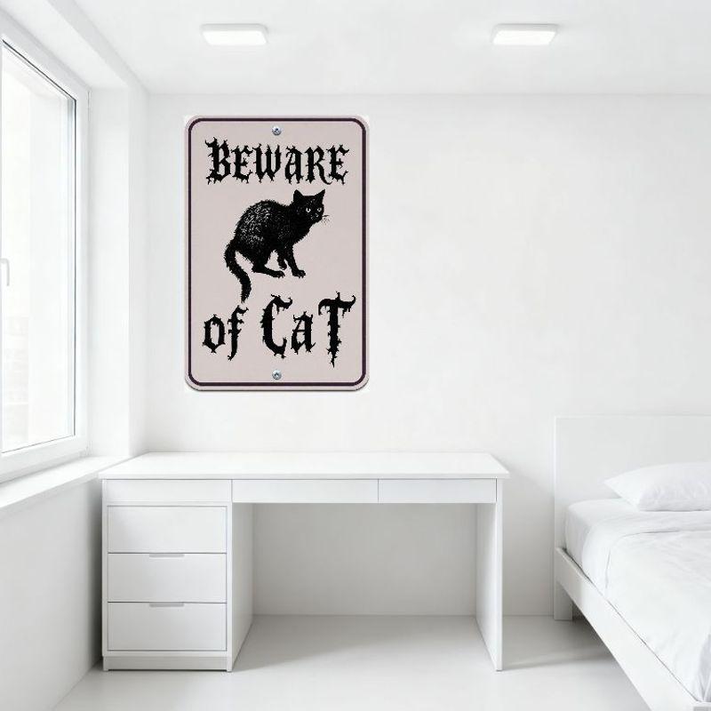 Beware of Cat Gothic Spooky Halloween Metal Tin Sign, Warning Cat Silhouette Wall Decor for Bar Pub Home, 8x12 Inch Vintage Meta
