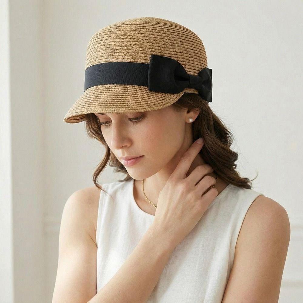 Woven Bow Straw Hat Sunshade Summer Hat Sun Cap Sunscreen Hat  Seaside Vacation