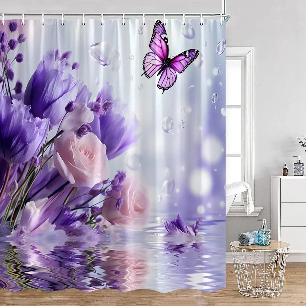 Watercolor Floral Pattern Bath Flowers Butterfly Greening Plants Natural Home Decoration Bathroom Shower Curtain