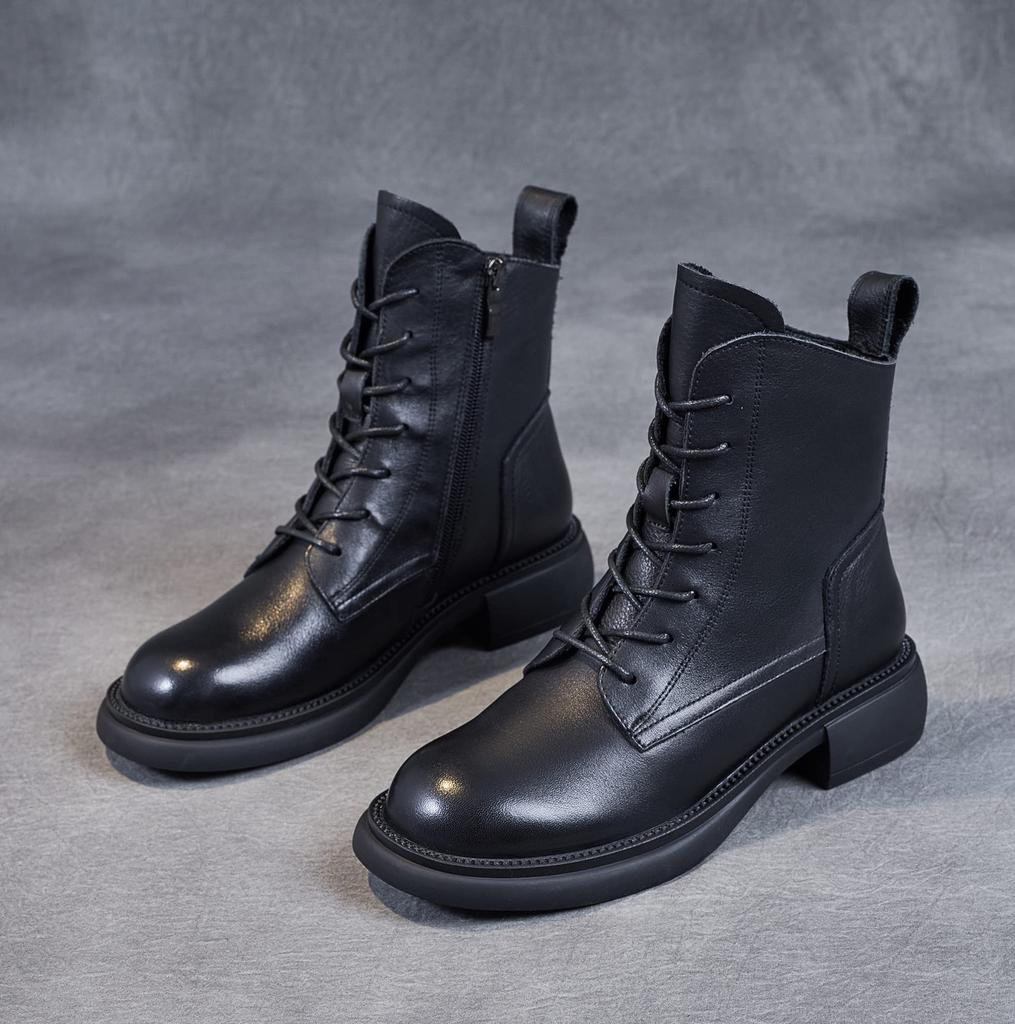 ZUYEE Genuine Leather Low Side Short Easy to Walk Size Women's Lace-Up Boots, Heel, Zip, Boots, Soft, Casual, in, Black, 23.5cm