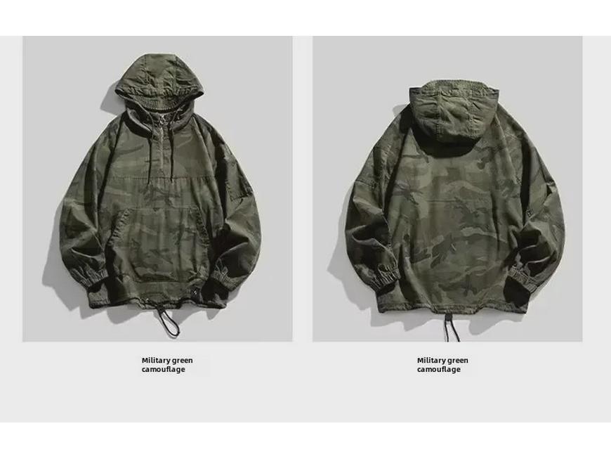 Retro American Camouflage Hooded Jacket: Autumn & Winter Outdoor Workwear with Half Zipper